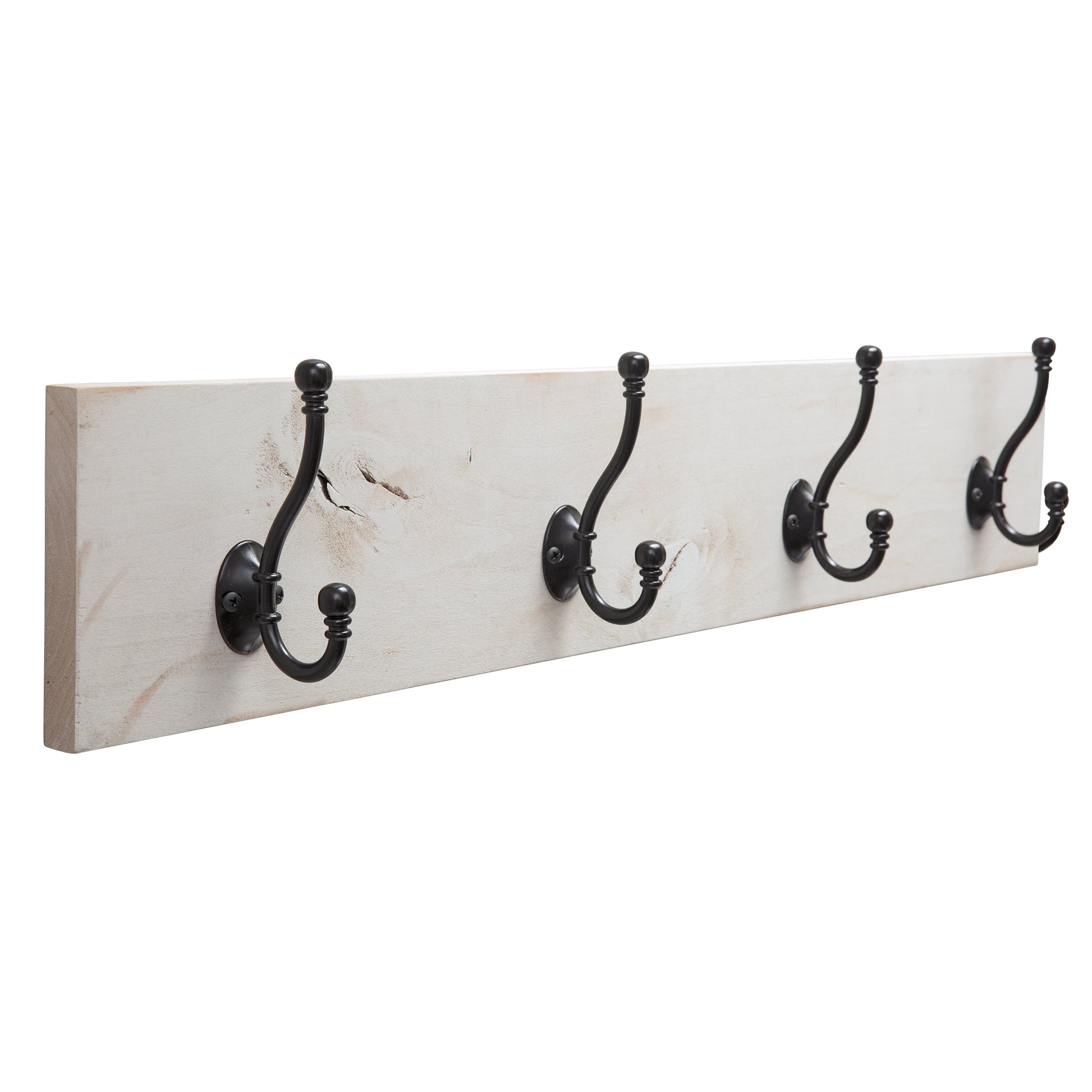 A coat and towel rack that features a long rectangular white-washed wooden board with five evenly spaced dark metal hooks.