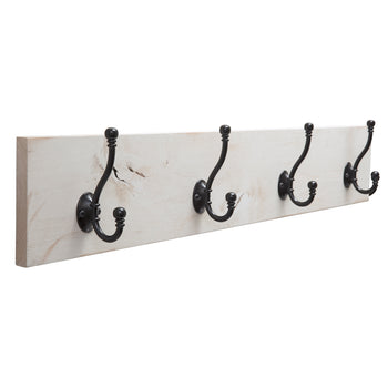 A coat and towel rack that features a long rectangular white-washed wooden board with five evenly spaced dark metal hooks.