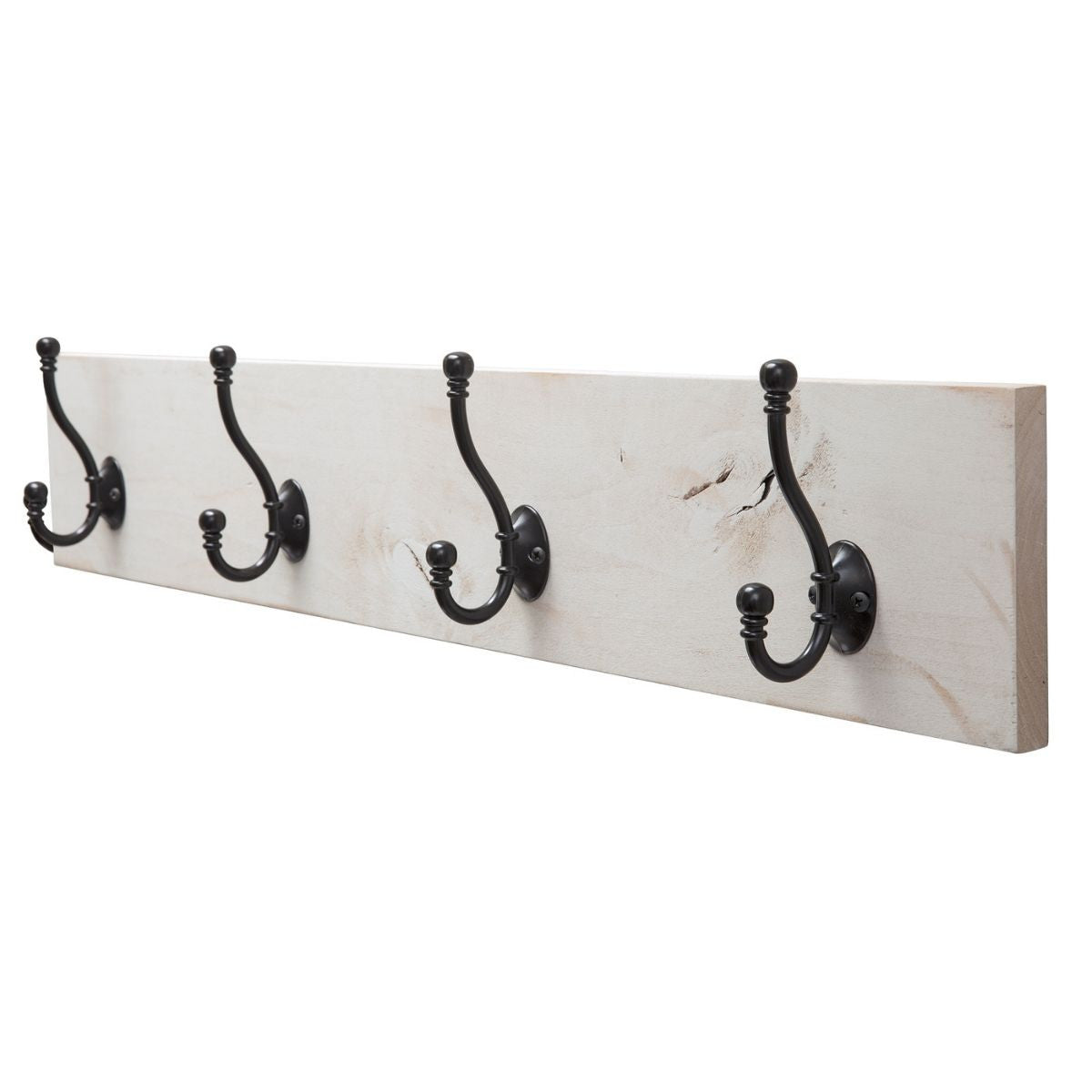 A wall-mounted coat rack with four black metal double hooks attached to a distressed white wooden plank. The hooks have a vintage design with decorative ball-shaped ends.
