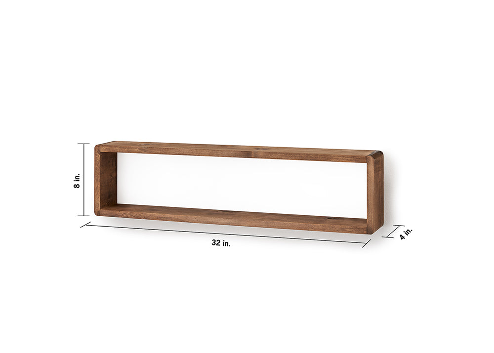 A rectangular wooden floating shelf with dimensions labeled is shown against a white background. The shelf is 32 inches long, 8 inches high, and 4 inches deep.