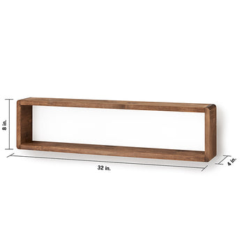 A rectangular wooden floating shelf with dimensions labeled is shown against a white background. The shelf is 32 inches long, 8 inches high, and 4 inches deep.