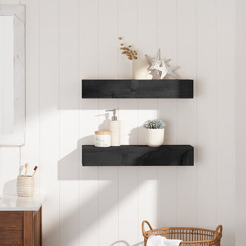 Two floating black wooden shelves are mounted on a white shiplap bathroom wall, decorated with coastal-themed items like starfish and a small succulent. The scene is brightened by natural sunlight from a nearby window, positioned above a wooden vanity with a white countertop.