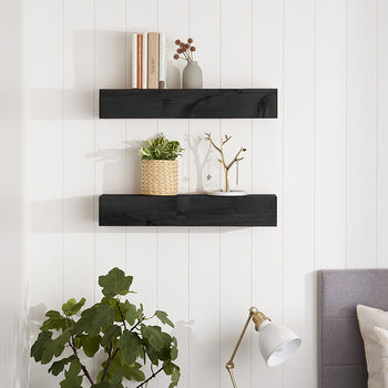 Two black floating shelves are mounted on a white, vertically paneled wall, displaying various decorative items. The top shelf holds books and a small vase with dried flowers, while the bottom shelf features a potted plant, a jewelry stand, and a small tray.