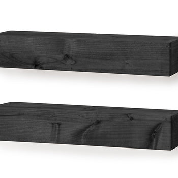 Two thick, rectangular floating shelves featuring a dark charcoal wood grain finish are mounted against a white wall. The shelves are positioned horizontally, one above the other, showcasing natural knots and textures in the wood.