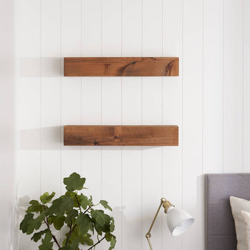 Two rectangular, light-brown wooden shelves are mounted flush against a white, vertically paneled wall.  A leafy green plant sits to the left on the floor, and a portion of a gray bed and headboard are visible on the right.