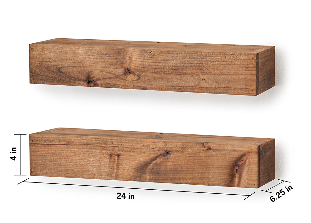 Two rustic wooden floating shelves are shown against a white background. The lower shelf has dimensions labeled as 24 inches long, 4 inches high, and 6.25 inches deep.