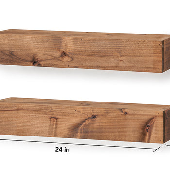Two rustic wooden floating shelves are shown against a white background. The lower shelf has dimensions labeled as 24 inches long, 4 inches high, and 6.25 inches deep.