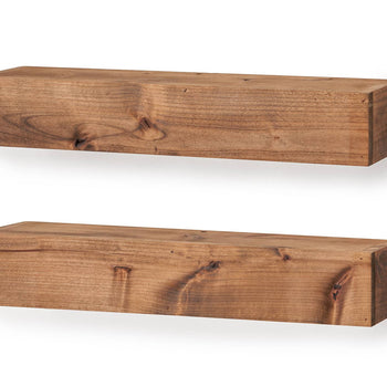 Two rustic, floating shelves made from light-brown wood are mounted on a white wall, shown in a straight-on, symmetrical view. The shelves are rectangular prisms with a natural wood grain and a slightly varying depth.
