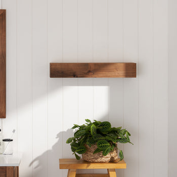A nerve plant in a woven basket sits on a wooden stool in a bright bathroom.  The plant is centered beneath a rustic wooden shelf against a white paneled wall.