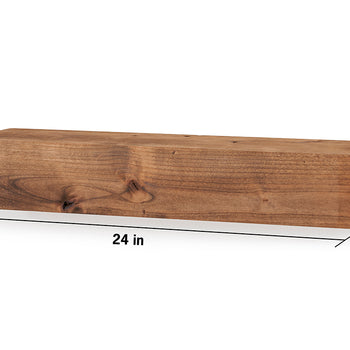 A rustic, rectangular wooden shelf is depicted from a slightly elevated, eye-level perspective. The shelf, made of light brown wood with visible grain and knots, has dimensions labeled as 4 inches high, 24 inches long, and 6.25 inches deep.