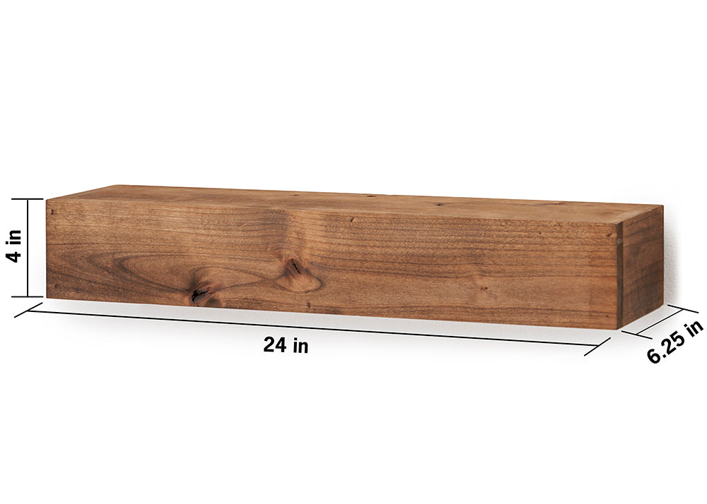 A rustic, rectangular wooden shelf is depicted from a slightly elevated, eye-level perspective. The shelf, made of light brown wood with visible grain and knots, has dimensions labeled as 4 inches high, 24 inches long, and 6.25 inches deep.