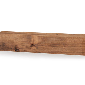 A close-up studio shot of a farmhouse floating shelf, ideal for rustic or minimalist décor. The solid wood shelf is a warm, medium brown and is ready to be mounted for displaying decorative items or everyday essentials.