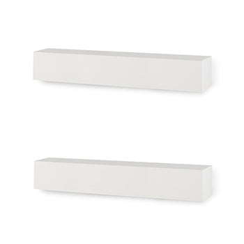 Two white, rectangular floating shelves are mounted horizontally on a plain white wall, one positioned directly above the other. Each shelf features a clean, minimalist box design with sharp edges and a smooth matte finish.