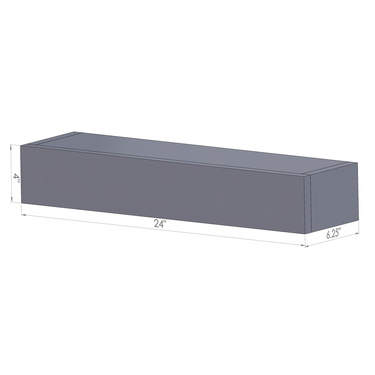 A 3D rendering of a rectangular floating shelf or cabinet in a dark gray color. The dimensions are shown as 4 inches in height, 24 inches in width, and 6.25 inches in depth.
