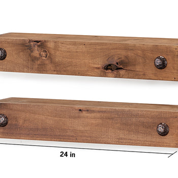 This image shows two Drakestone Designs Farmhouse Floating Shelves with Clavos. The shelves are made of wood with a walnut finish and feature decorative clavos (nail heads) on the front. The bottom shelf has dimensions labeled as 24 inches in length, 4 inches in height, and 6.625 inches in depth.
