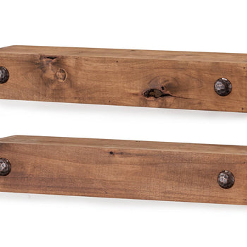 A set of two rustic wooden floating shelves with a natural wood grain finish, mounted on a white wall. Each shelf has two dark, hammered metal accents on the front face, adding a decorative touch.