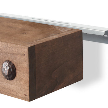 Detailed view of a floating shelf mounting system, showcasing a metal bracket and a rustic wood shelf component. A dark, hammered metal embellishment is visible on the shelf's side.