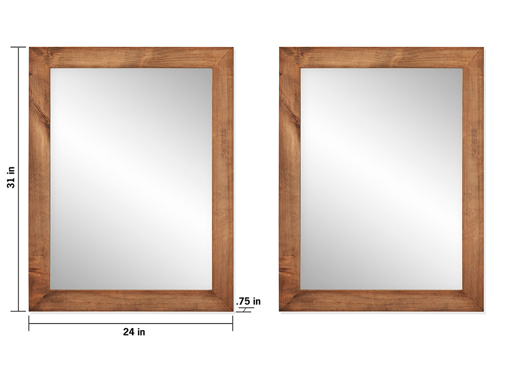 Two rectangular farmhouse-style vanity mirrors with rustic wooden frames are shown against a white background. The left mirror has dimensions labeled as 24 inches wide and 31 inches high, with the wooden frame measuring 0.75 inches thick.