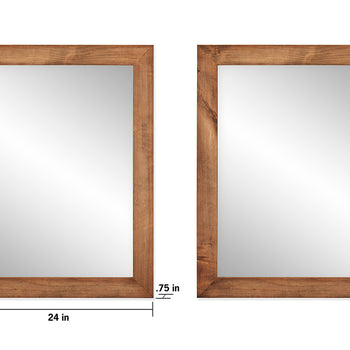 Two rectangular farmhouse-style vanity mirrors with rustic wooden frames are shown against a white background. The left mirror has dimensions labeled as 24 inches wide and 31 inches high, with the wooden frame measuring 0.75 inches thick.