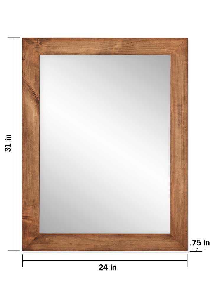A rectangular wall mirror features a rustic wooden frame with visible grain. The mirror measures 31 inches in height and 24 inches in width, with the frame having a thickness of 0.75 inches.