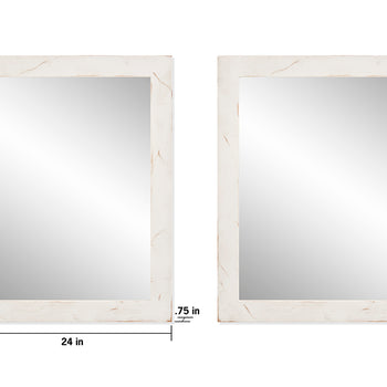Two rectangular wall mirrors with distressed white wooden frames are shown side by side. The dimensions of each mirror are labeled as 31 inches in height, 24 inches in width, and 0.75 inches in depth.