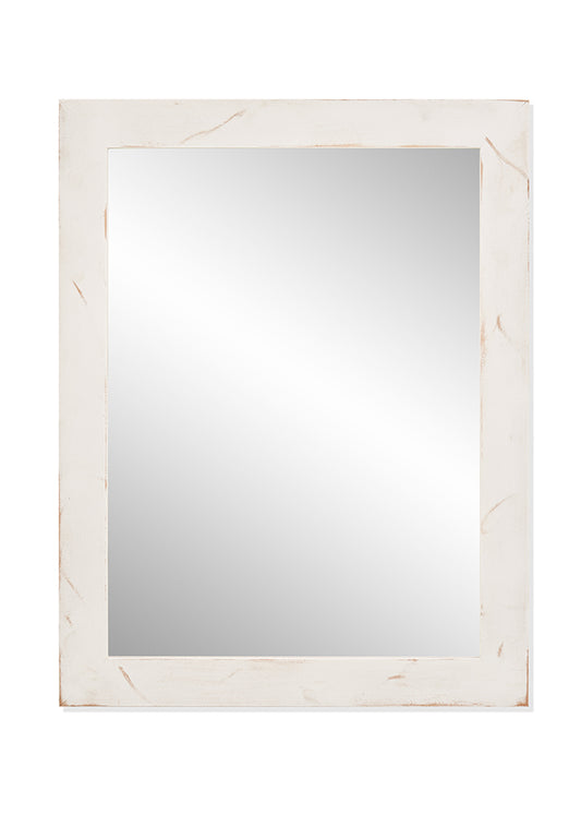 A square vanity mirror with a distressed off-white wooden frame is centered on a white background. The mirror's surface reflects a muted light, suggesting a plain, unadorned design suitable for a farmhouse or rustic aesthetic.