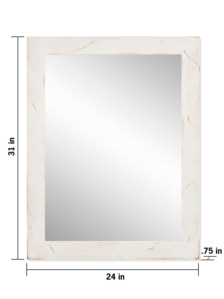 A rectangular farmhouse-style vanity mirror is shown against a white background. The mirror has a distressed off-white frame with hints of light brown and measures 31 inches in height and 24 inches in width, with the frame itself being .75 inches thick.