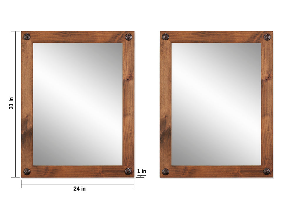 Two rectangular mirrors with rustic brown solid wood frames and decorative nail accents are shown against a white background. The left mirror has dimensions indicated: 31 inches in height and 24 inches in width, with the frame appearing to be 1 inch thick.