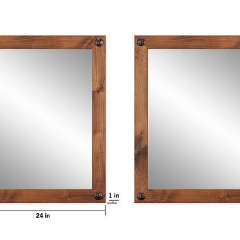 Two rectangular mirrors with rustic brown solid wood frames and decorative nail accents are shown against a white background. The left mirror has dimensions indicated: 31 inches in height and 24 inches in width, with the frame appearing to be 1 inch thick.