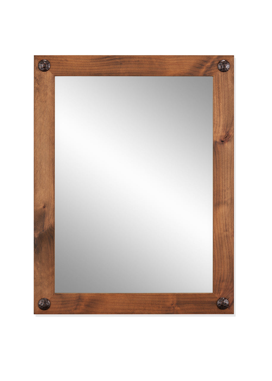 Rectangular farmhouse-style mirror with a walnut wood frame and clavos (decorative nails) in each corner.