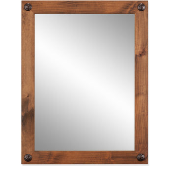 Rectangular farmhouse-style mirror with a walnut wood frame and clavos (decorative nails) in each corner.