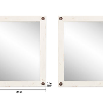 Two distressed white framed mirrors are shown, each adorned with four decorative brown studs in the corners. The left mirror has dimensions indicated, showing it is 31 inches tall and 24 inches wide, with a frame thickness of 1 inch.