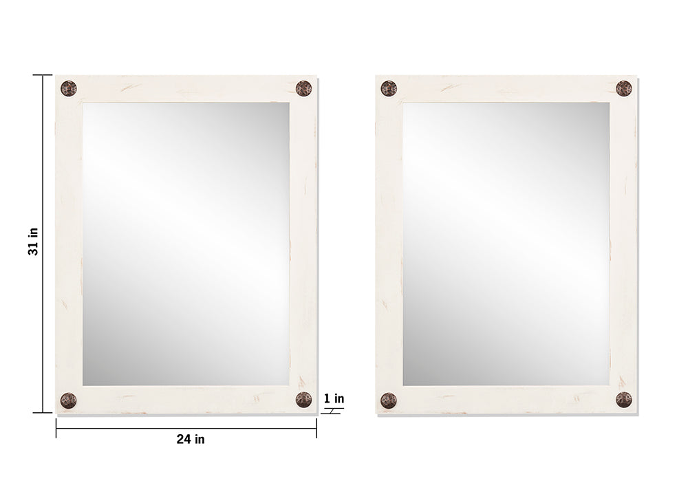 Two distressed white framed mirrors are shown, each adorned with four decorative brown studs in the corners. The left mirror has dimensions indicated, showing it is 31 inches tall and 24 inches wide, with a frame thickness of 1 inch.