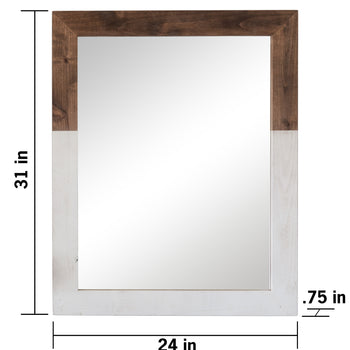 A rectangular wall mirror with a wooden frame featuring a two-tone design—dark brown on top and white on the bottom. The mirror measures 31 inches in height, 24 inches in width, and 0.75 inches in thickness.