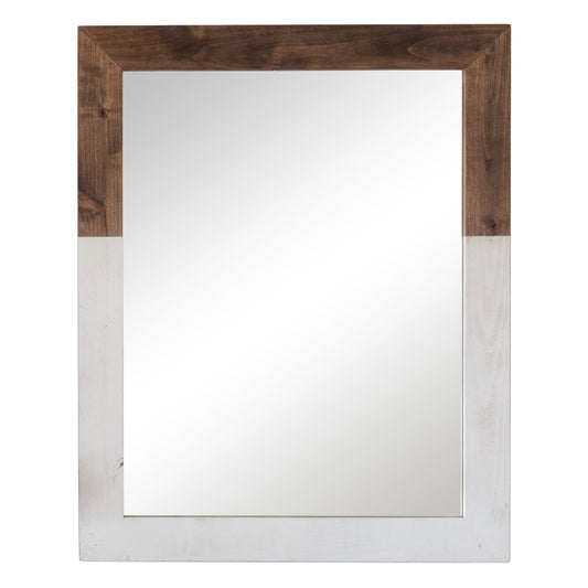A rectangular two-toned farmhouse vanity mirror is displayed against a white background. The mirror features a natural wood finish on the top half of the frame and a white finish on the bottom half.