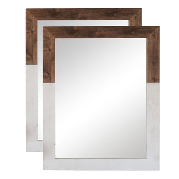 A set of two rectangular mirrors with wooden frames featuring a two-tone design, with dark brown on the top half and whitewashed wood on the bottom half. The mirrors are stacked slightly, showing both frames in a layered effect.