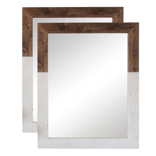 A set of two rectangular mirrors with wooden frames featuring a two-tone design, with dark brown on the top half and whitewashed wood on the bottom half. The mirrors are stacked slightly, showing both frames in a layered effect.