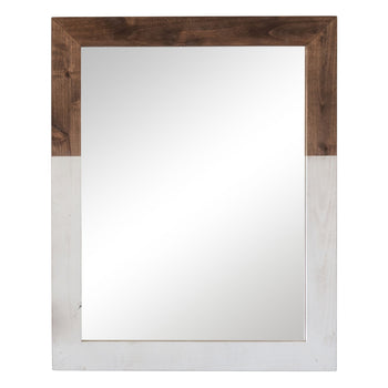 A two-toned mirror with a rectangular clear glass surface is framed in wood and white. The wood grain is visible on the top half of the frame, contrasting with the solid white on the bottom.