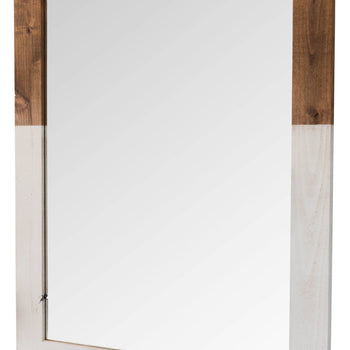 Image of a rectangular farmhouse-style vanity mirror with a two-tone wood frame. The design features a contrast between a natural wood finish at the top and a painted white or off-white finish at the bottom.