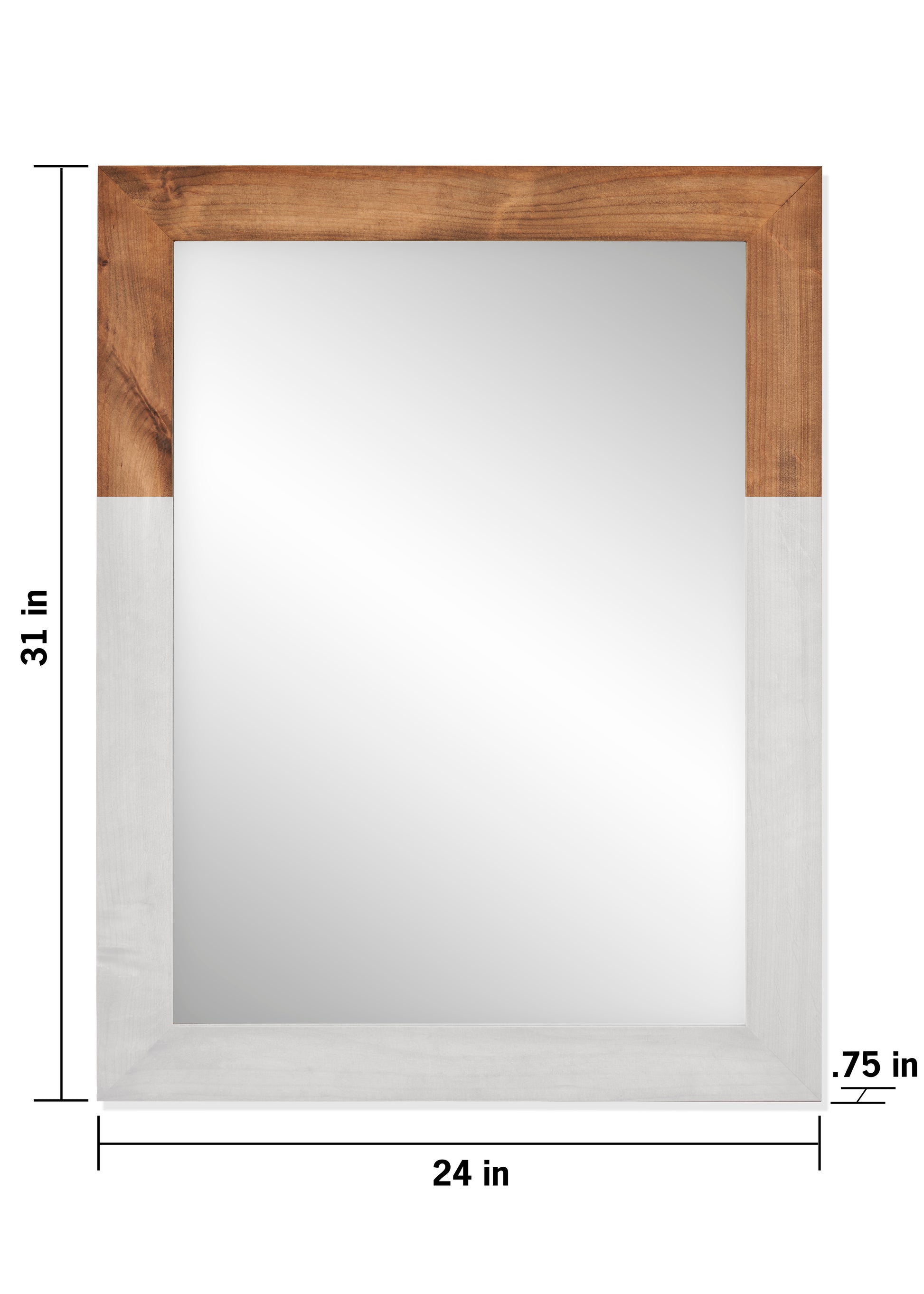 A rectangular wall mirror features a two-tone frame, with the top section in a natural wood finish and the bottom and side sections in a distressed white finish. The mirror measures 31 inches high by 24 inches wide, with a frame thickness of 0.75 inches.
