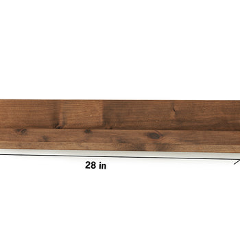 A rustic wooden floating shelf, stained dark brown, is shown against a white background with its dimensions labeled. The shelf is 28 inches long, 4.75 inches high, and 4 inches deep.