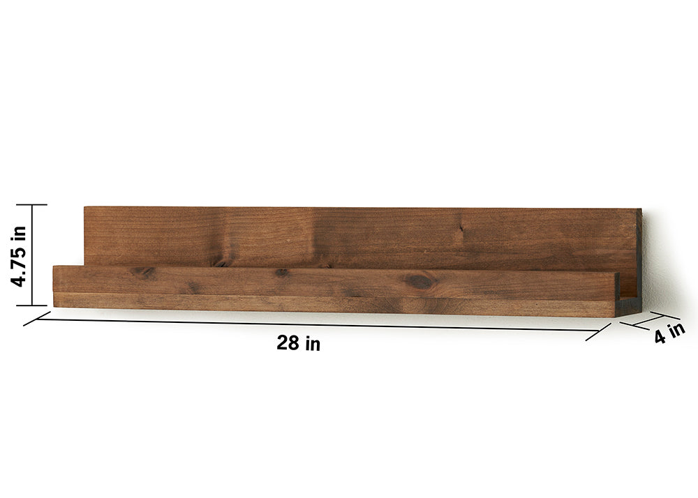 A rustic wooden floating shelf, stained dark brown, is shown against a white background with its dimensions labeled. The shelf is 28 inches long, 4.75 inches high, and 4 inches deep.