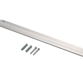 A long, thin, rectangular brushed metal mounting strip is shown with rounded ends and two pre-drilled holes for screws. Below it are two plastic wall anchors and two metal screws for installation.