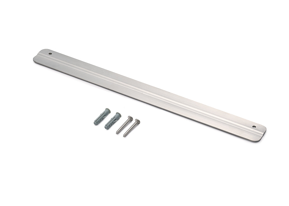 A long, thin, rectangular brushed metal mounting strip is shown with rounded ends and two pre-drilled holes for screws. Below it are two plastic wall anchors and two metal screws for installation.