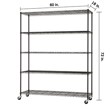 A black five-shelf wire racking unit on wheels, with dimensions labeled as 60 inches wide, 18 inches deep, and 72 inches high. The industrial-style shelving unit features adjustable heights for each shelf and four swivel casters at the base.