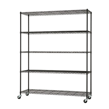 A five-tier, black wire shelving unit stands on four caster wheels, with all five shelves appearing to be wire mesh. This type of heavy-duty, adjustable shelving is commonly used for storage in garages, pantries, kitchens, or commercial settings.