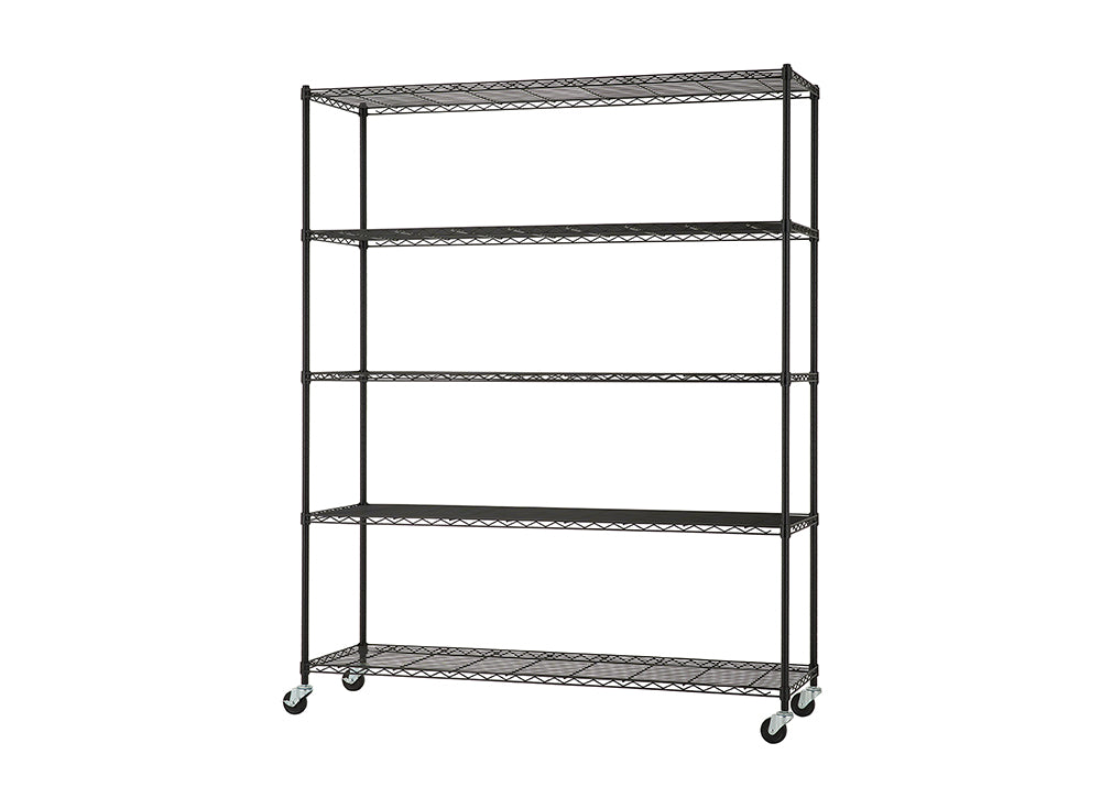 A five-tier, black wire shelving unit stands on four caster wheels, with all five shelves appearing to be wire mesh. This type of heavy-duty, adjustable shelving is commonly used for storage in garages, pantries, kitchens, or commercial settings.