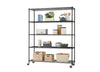 A tall, black wire shelving unit with five shelves is filled with kitchen and storage items. The shelves hold a variety of objects including books, a potted plant, kitchen tools, canisters, a toaster, containers with utensils, mixing bowls, wooden crates, and a fabric basket filled with onions.