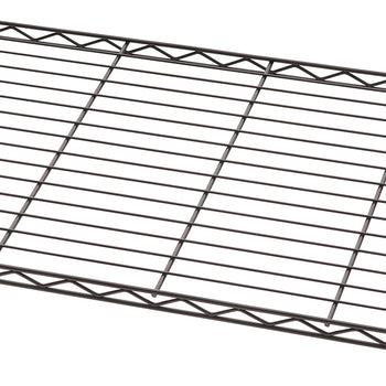 A close-up view of a dark wire shelving unit. The surface is made of thin, parallel metal wires with thicker supporting wires running perpendicularly.