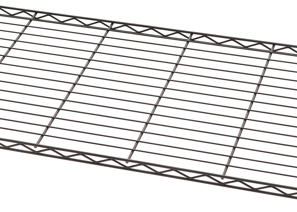 A close-up view of a dark wire shelving unit. The surface is made of thin, parallel metal wires with thicker supporting wires running perpendicularly.